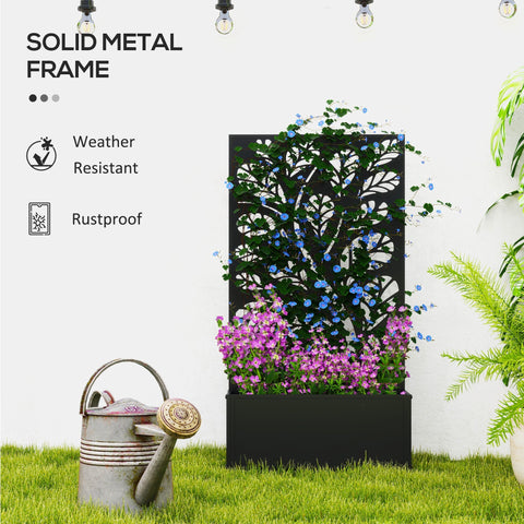 Black metal planter with leaf cut-out trellis and powder coated metal frame rustproof and weather resistant