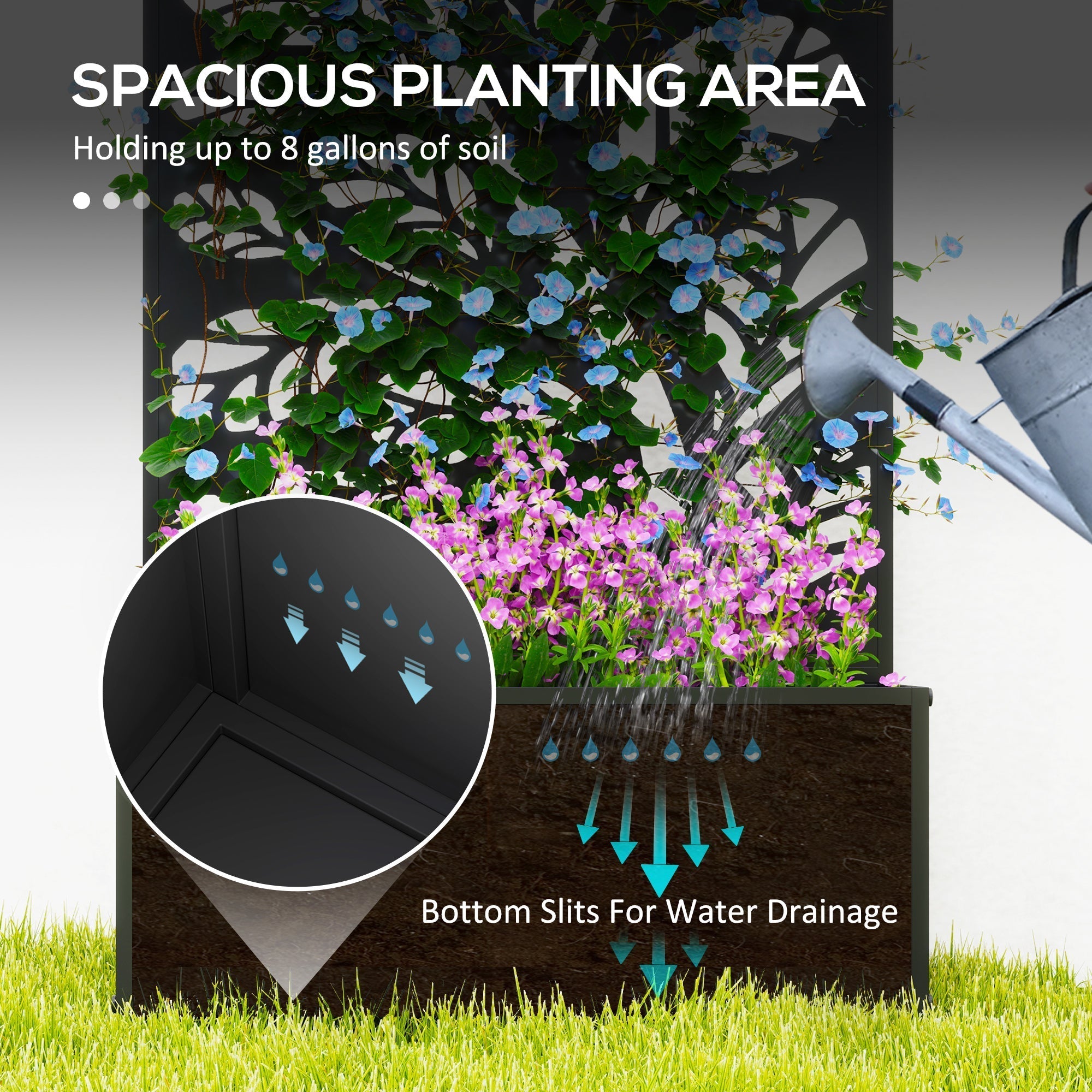 Outsunny outdoor black metal planter with leaf cut-out trellis, powder coated metal, spacious 8 gallon soil capacity