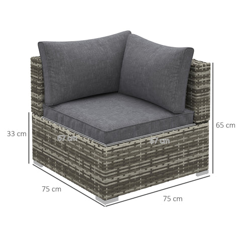 Gray woven rattan corner sofa chair with deep grey seat cushion and backrest for outdoor patio use