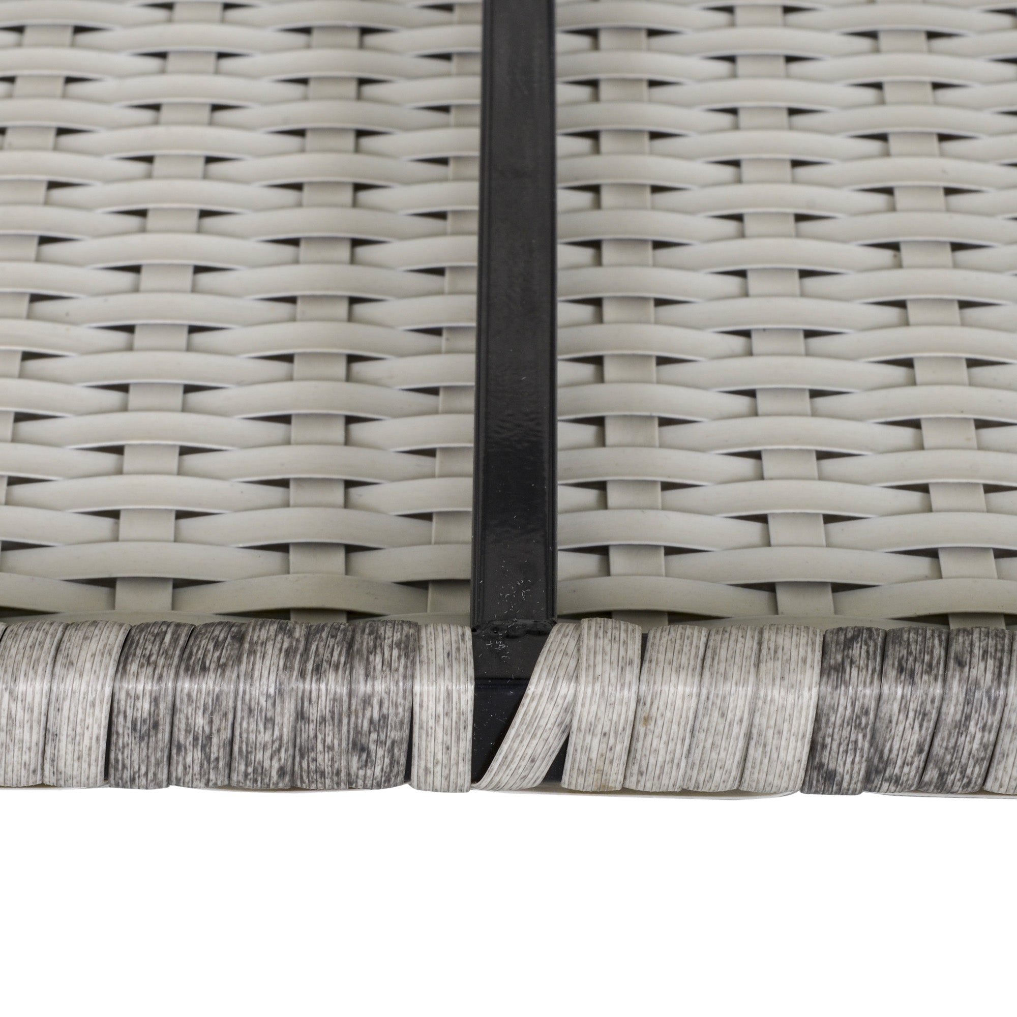 Gray woven resin wicker rattan corner sofa chair frame with black metal support and seat cushion for outdoor use