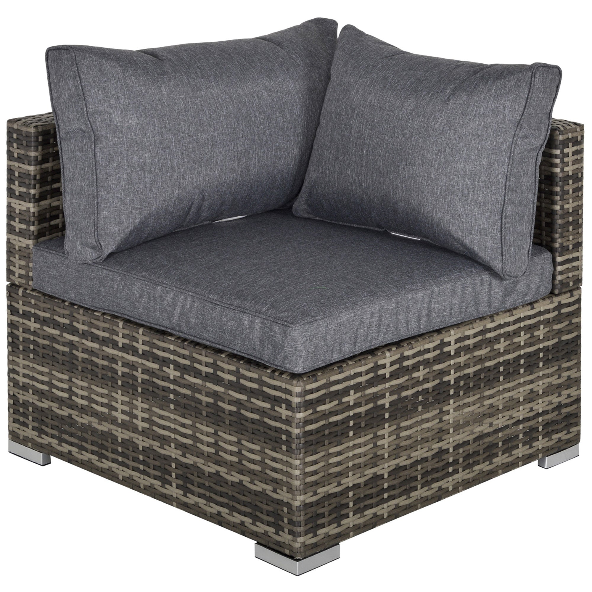 Gray woven rattan corner sofa chair with deep grey seat cushion perfect for outdoor patio seating