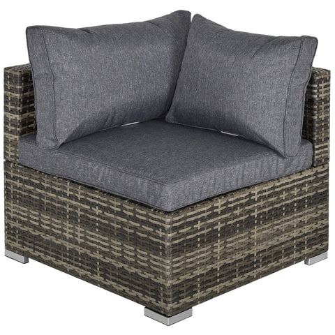 Gray woven rattan corner sofa chair with deep grey seat cushion perfect for outdoor patio seating