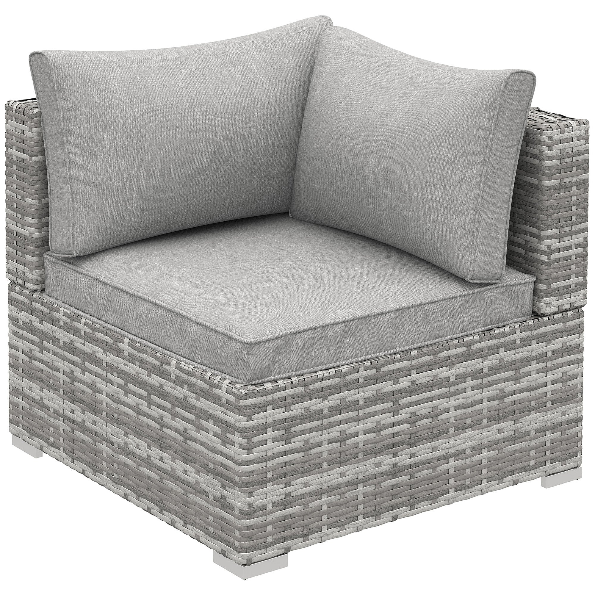 Gray woven rattan corner sofa chair with light grey seat cushion and two back cushions for outdoor patio use