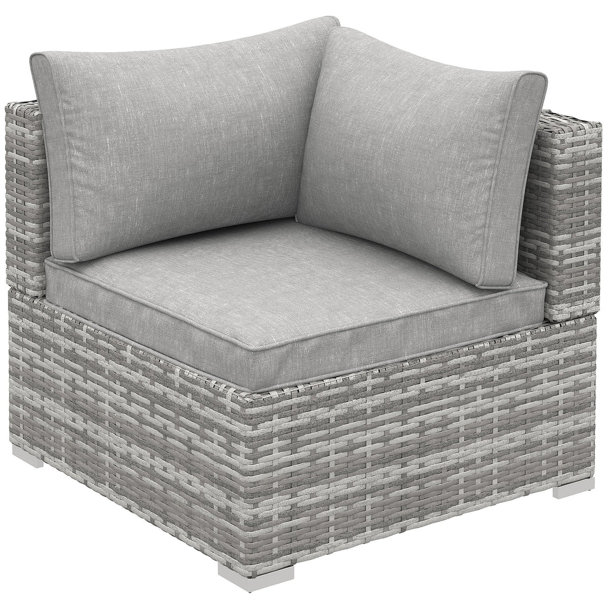 Gray woven rattan corner sofa chair with light grey seat cushion and two back cushions for outdoor patio use