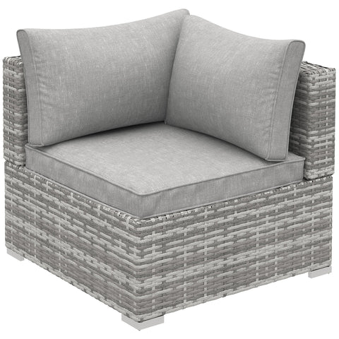 Gray woven rattan corner sofa chair with light grey seat cushion and two back cushions for outdoor patio use