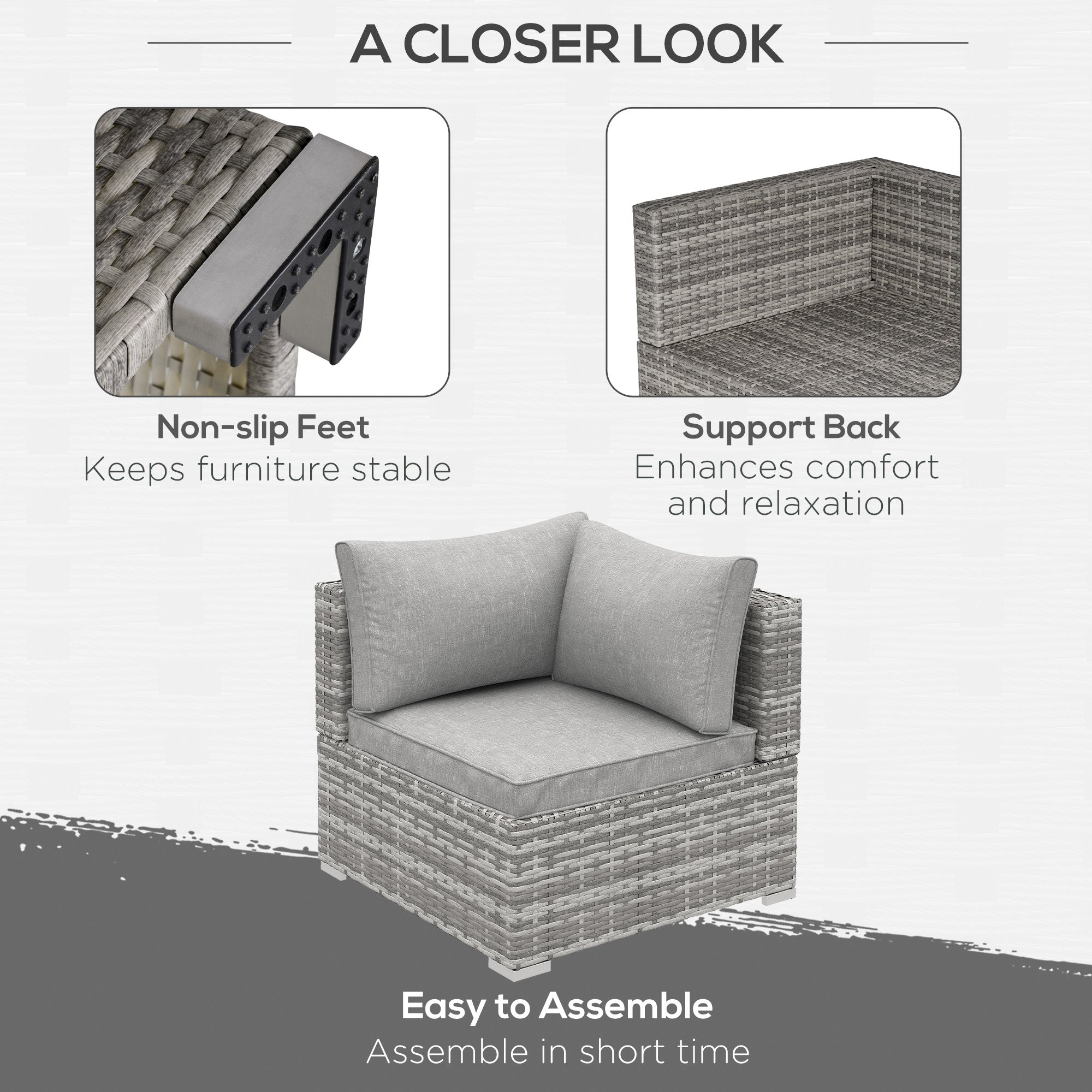Gray woven rattan corner sofa with light grey seat cushions perfect for outdoor garden seating