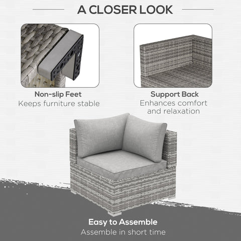 Gray woven rattan corner sofa with light grey seat cushions perfect for outdoor garden seating