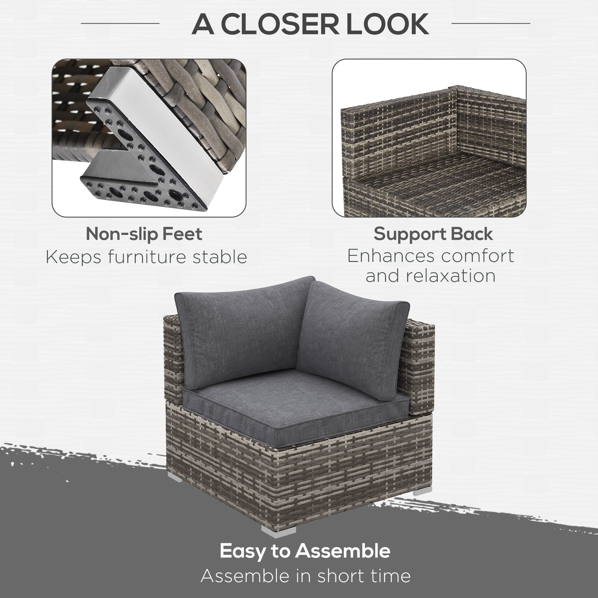 Gray woven rattan corner sofa with deep grey seat cushions perfect for outdoor garden seating