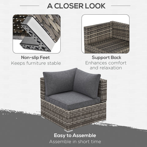 Gray woven rattan corner sofa with deep grey seat cushions perfect for outdoor garden seating