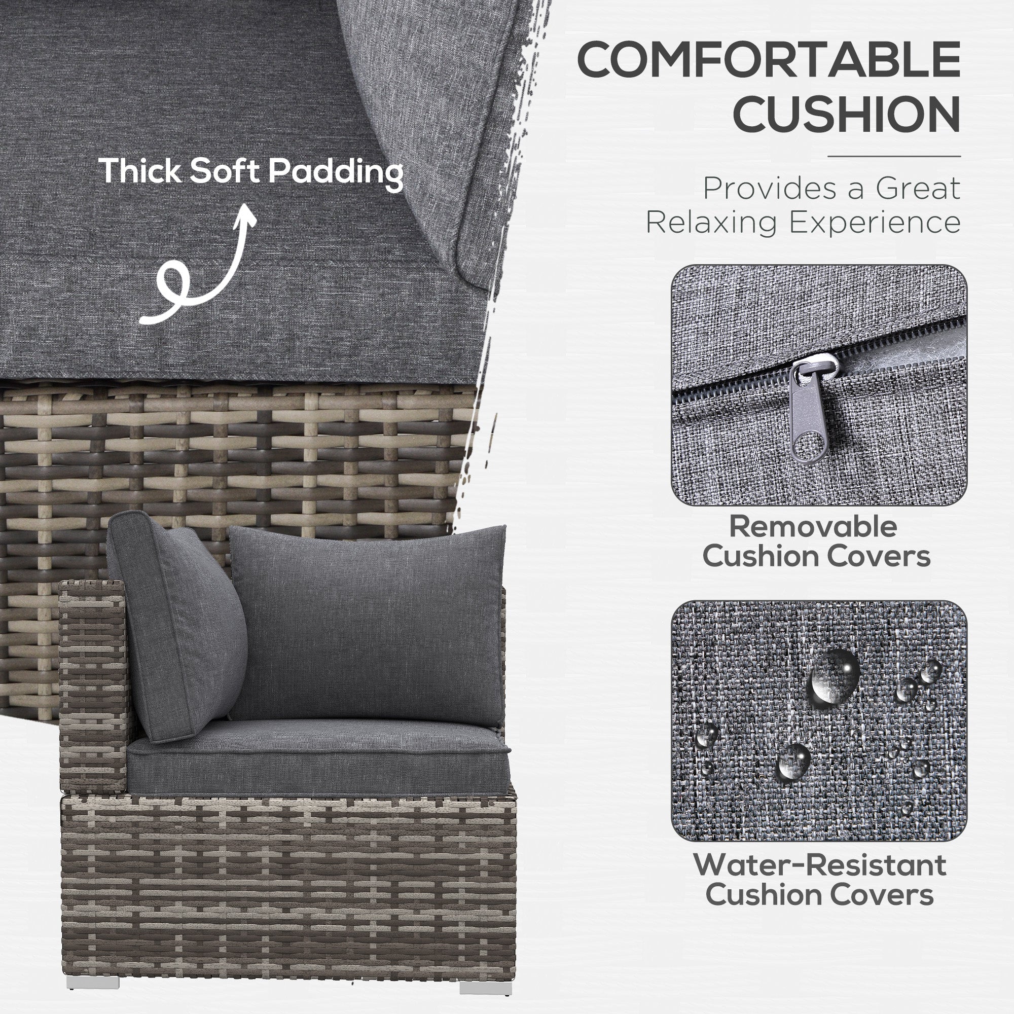 Outsunny gray woven rattan corner sofa chair with thick soft seat cushions and removable water resistant covers