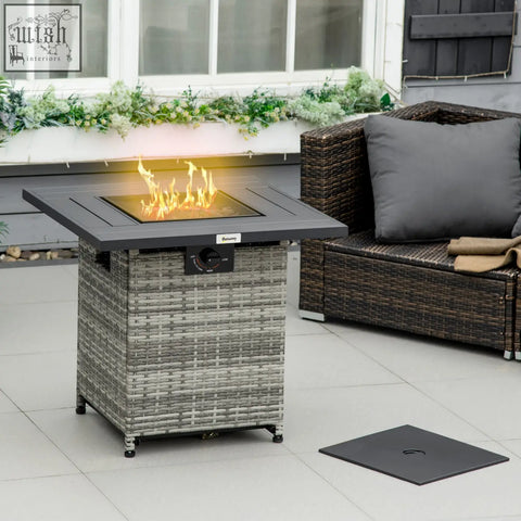 Gray woven wicker Outsunny outdoor PE rattan gas fire pit table with black glass top active flame rain cover mesh guard