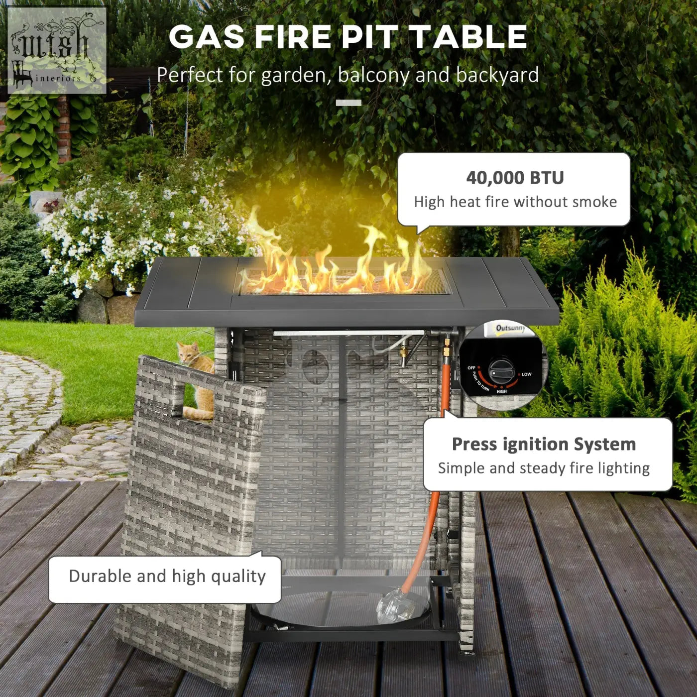 Gray woven wicker outsunny outdoor rattan gas fire pit table with black top, mesh guard, lava stone, and active flame