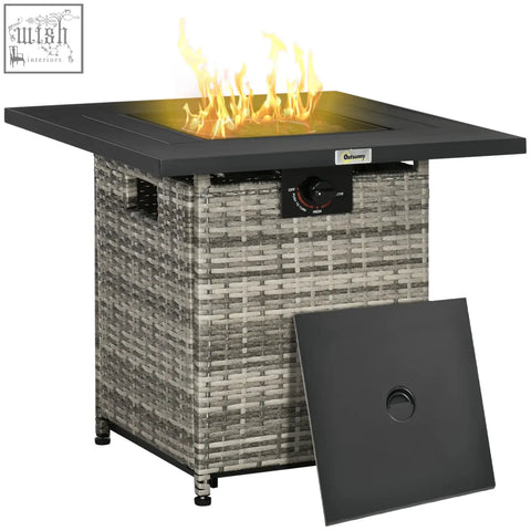 Outsunny outdoor pe rattan gas fire pit table in black and gray with active flames mesh guard and rain cover features