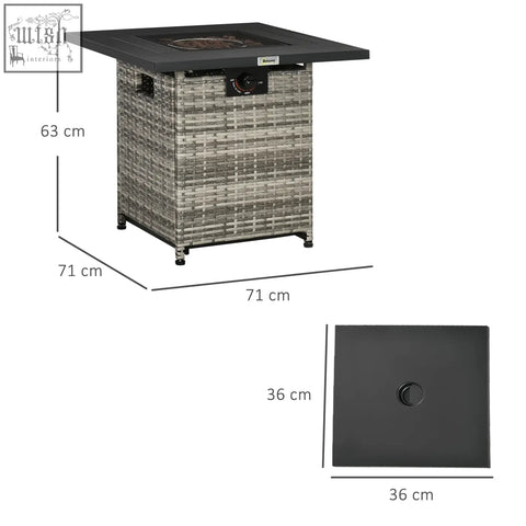Outsunny outdoor square gas fire pit table with woven gray beige rattan body black top mesh guard and rain cover