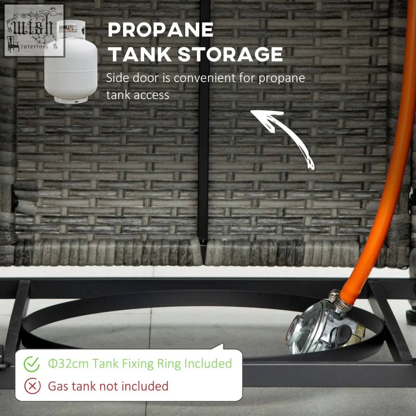 White propane tank storage unit with side door on outsunny grey rattan pit table with mesh guard and rain cover