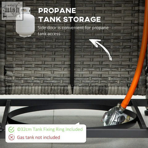 White propane tank storage unit with side door on outsunny grey rattan pit table with mesh guard and rain cover