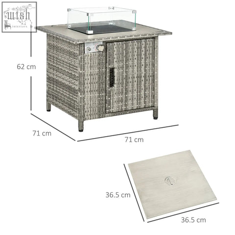 Gray woven wicker pe rattan outdoor pit table with glass-top btu burner and matching rain cover lid