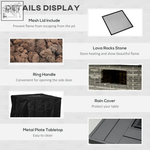 Outsunny black metal outdoor fire pit table with mesh guard, lava stone interior, ring handle, and rain cover in mixed grey
