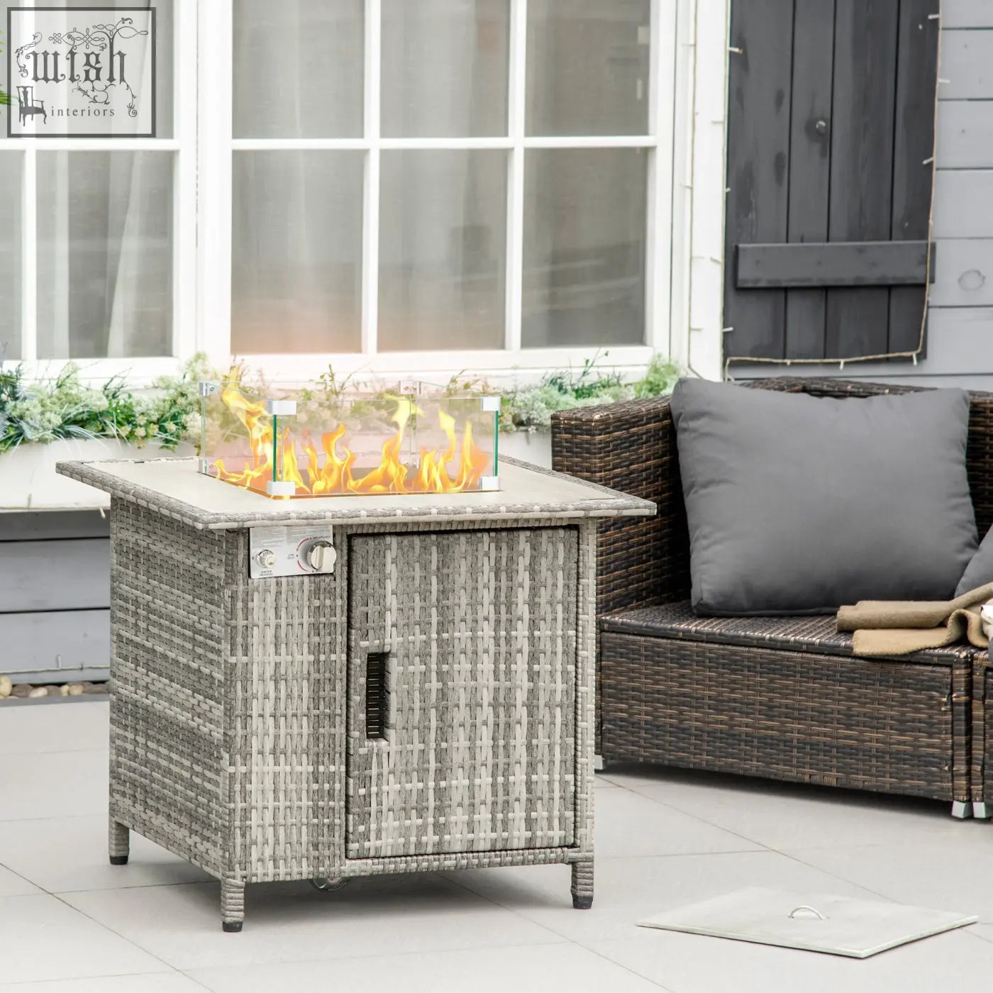 Gray wicker outsunny outdoor pe rattan pit table with glass windscreen, btu burner, side cabinet, and rain cover