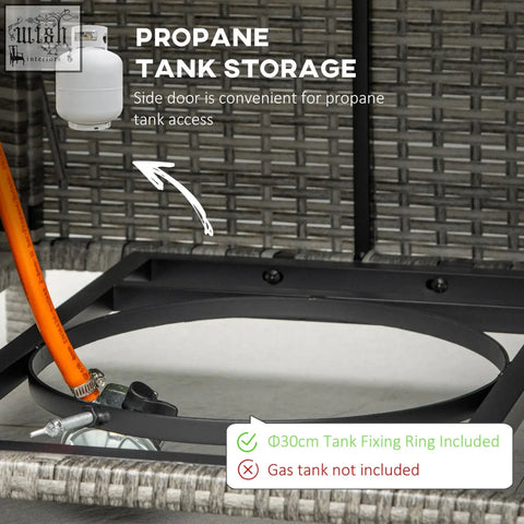White propane tank with silver valve under grey outsunny outdoor rattan pit table with rain cover and 50000 btu burner