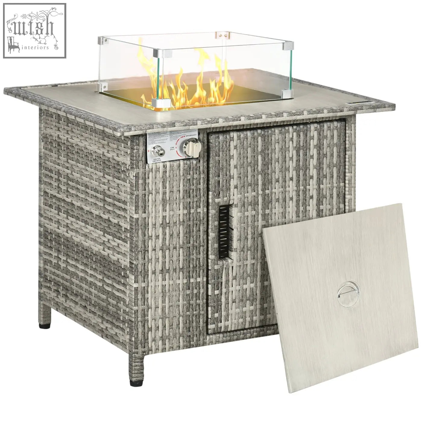 Gray woven wicker outsunny outdoor pe rattan fire pit table with glass windscreen rain cover and 50000 btu burner
