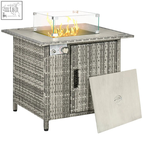 Gray woven wicker outsunny outdoor pe rattan fire pit table with glass windscreen rain cover and 50000 btu burner