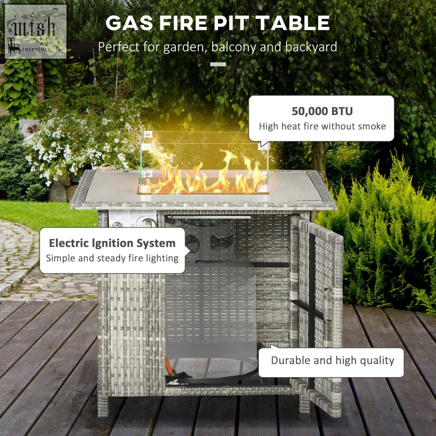 Gray wicker outsunny gas fire pit table with glass enclosure rain cover and 50,000 btu burner for patio use