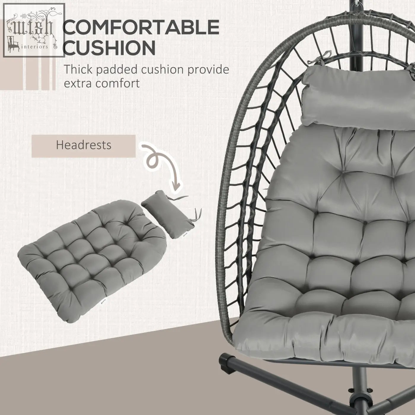 Gray tufted cushion set for outsunny hanging egg chair with powder coated steel frame for indoor and outdoor use