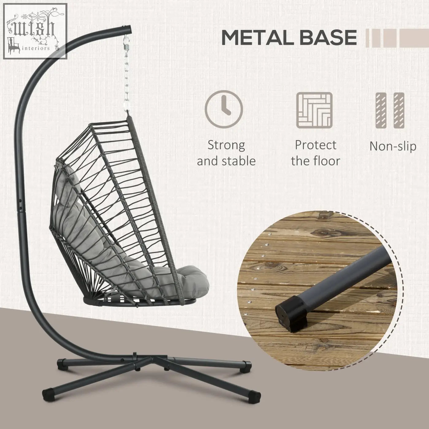 Black metal hanging egg chair with woven wicker frame and gray cushion featuring powder coated steel frame for indoor outdoor use