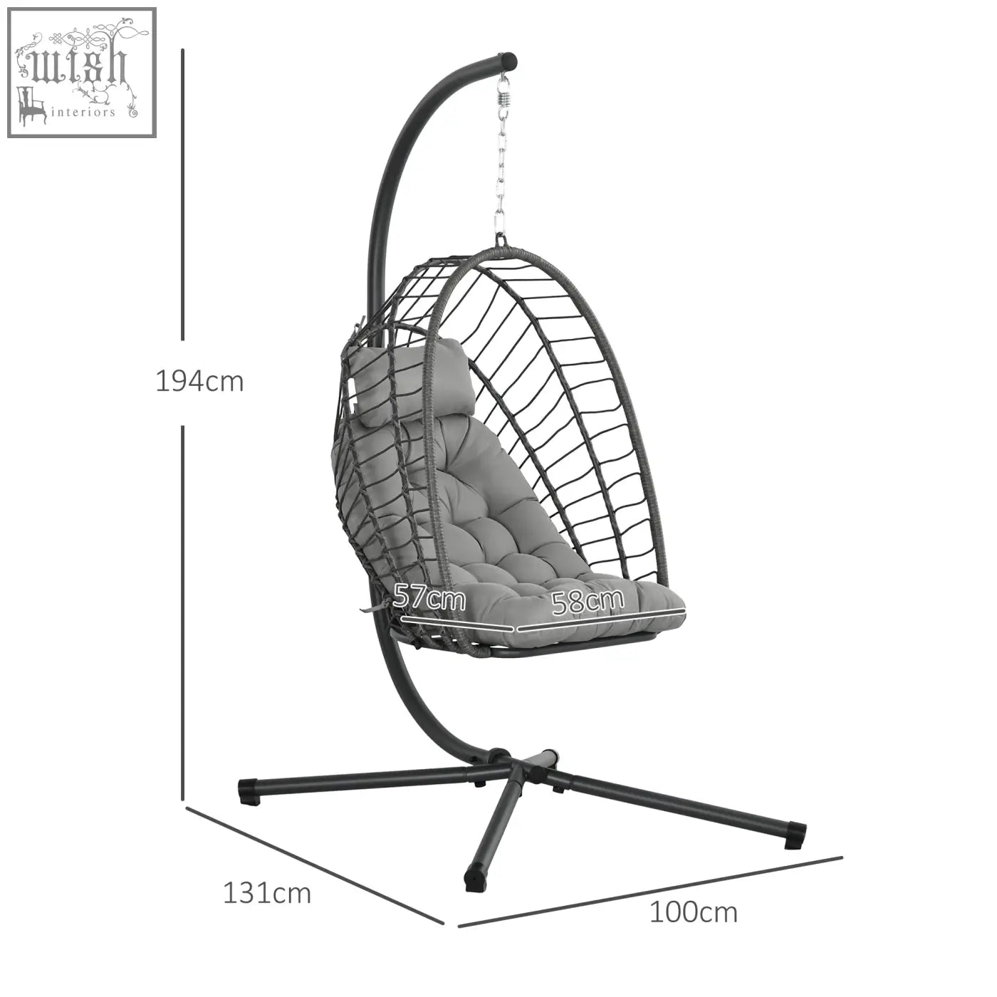 Black metal hanging egg chair with gray cushioned seat and powder coated steel frame for indoor and outdoor use