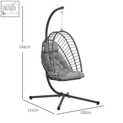 Black metal hanging egg chair with gray cushioned seat and powder coated steel frame for indoor and outdoor use