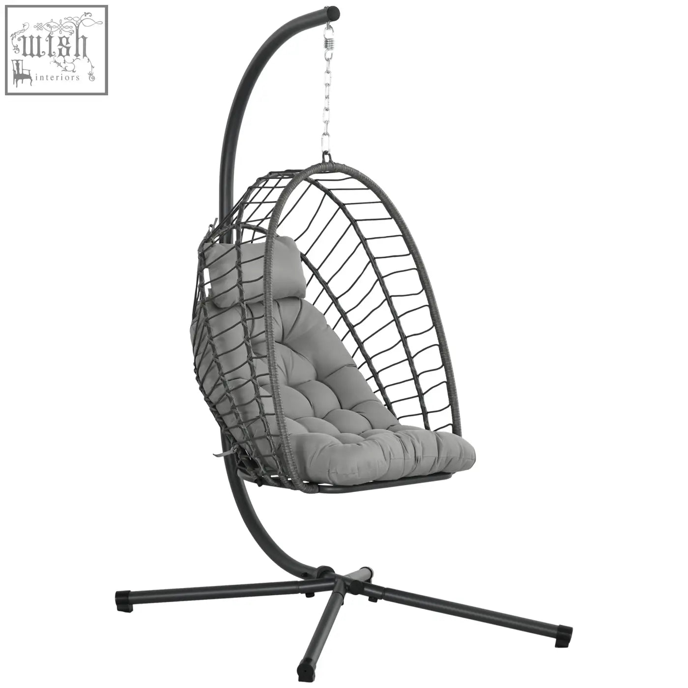 Black metal hanging egg chair with gray cushion and powder coated steel frame for indoor and outdoor use