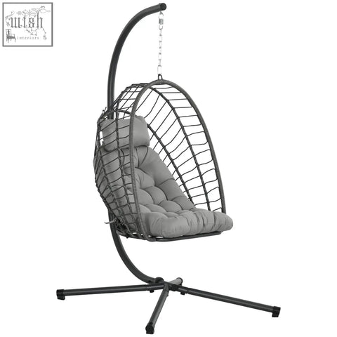 Black metal hanging egg chair with gray cushion and powder coated steel frame for indoor and outdoor use