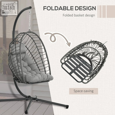 Black foldable hanging egg chair with gray cushion made of pe rattan and powder coated steel frame for indoor outdoor use