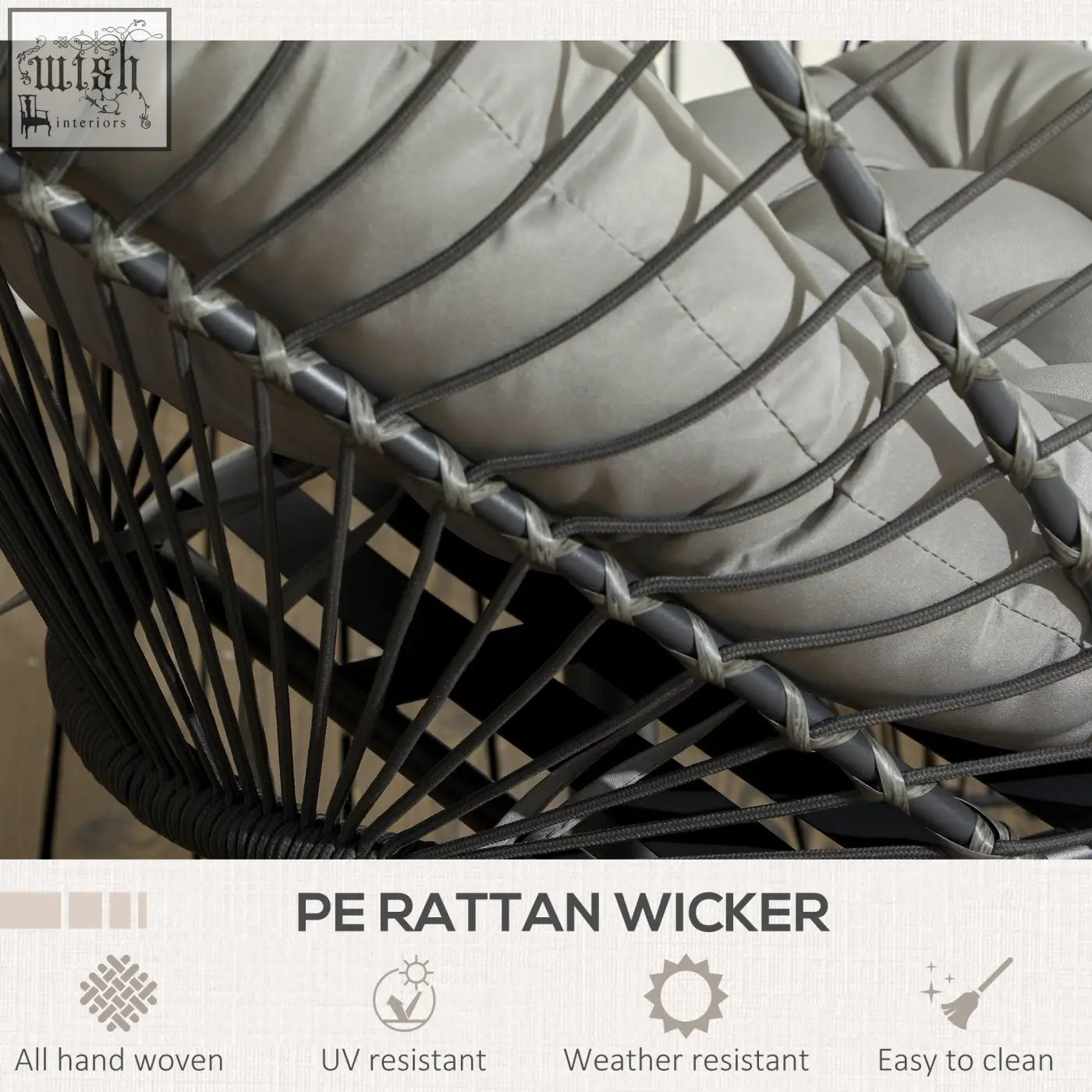 Gray pe rattan wicker hanging egg chair with cushioned seat and powder coated steel frame for indoor outdoor use