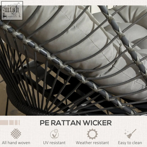 Gray pe rattan wicker hanging egg chair with cushioned seat and powder coated steel frame for indoor outdoor use