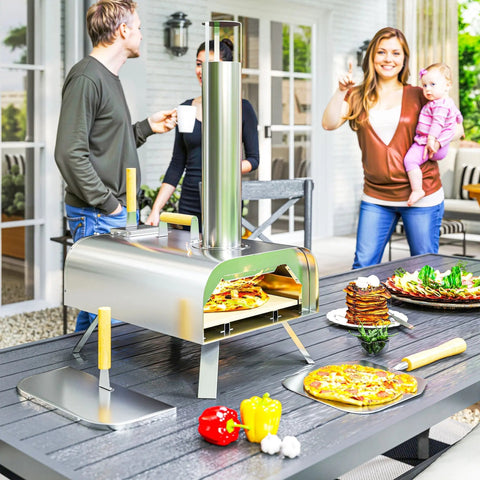 Outsunny stainless steel outdoor pizza oven with tall chimney yellow-handled tools and compact size pizza stone