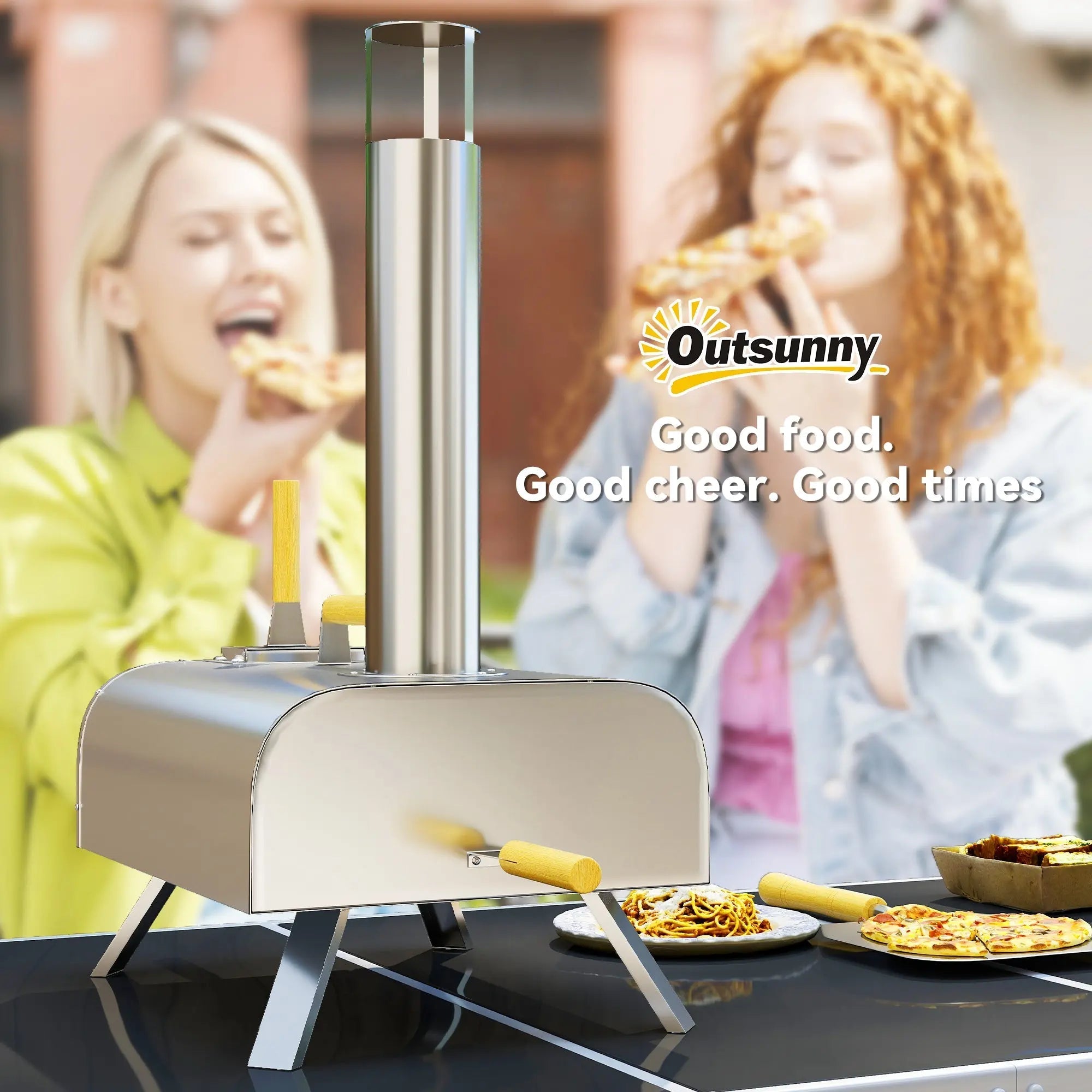 Stainless steel outsunny outdoor pizza oven with pizza stone, foldable legs, compact size, and yellow-handled tools