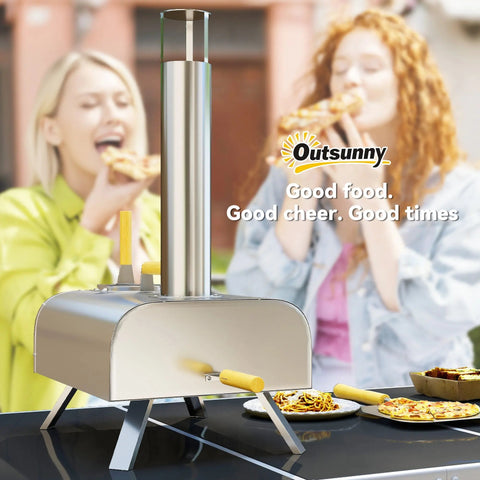Stainless steel outsunny outdoor pizza oven with pizza stone, foldable legs, compact size, and yellow-handled tools