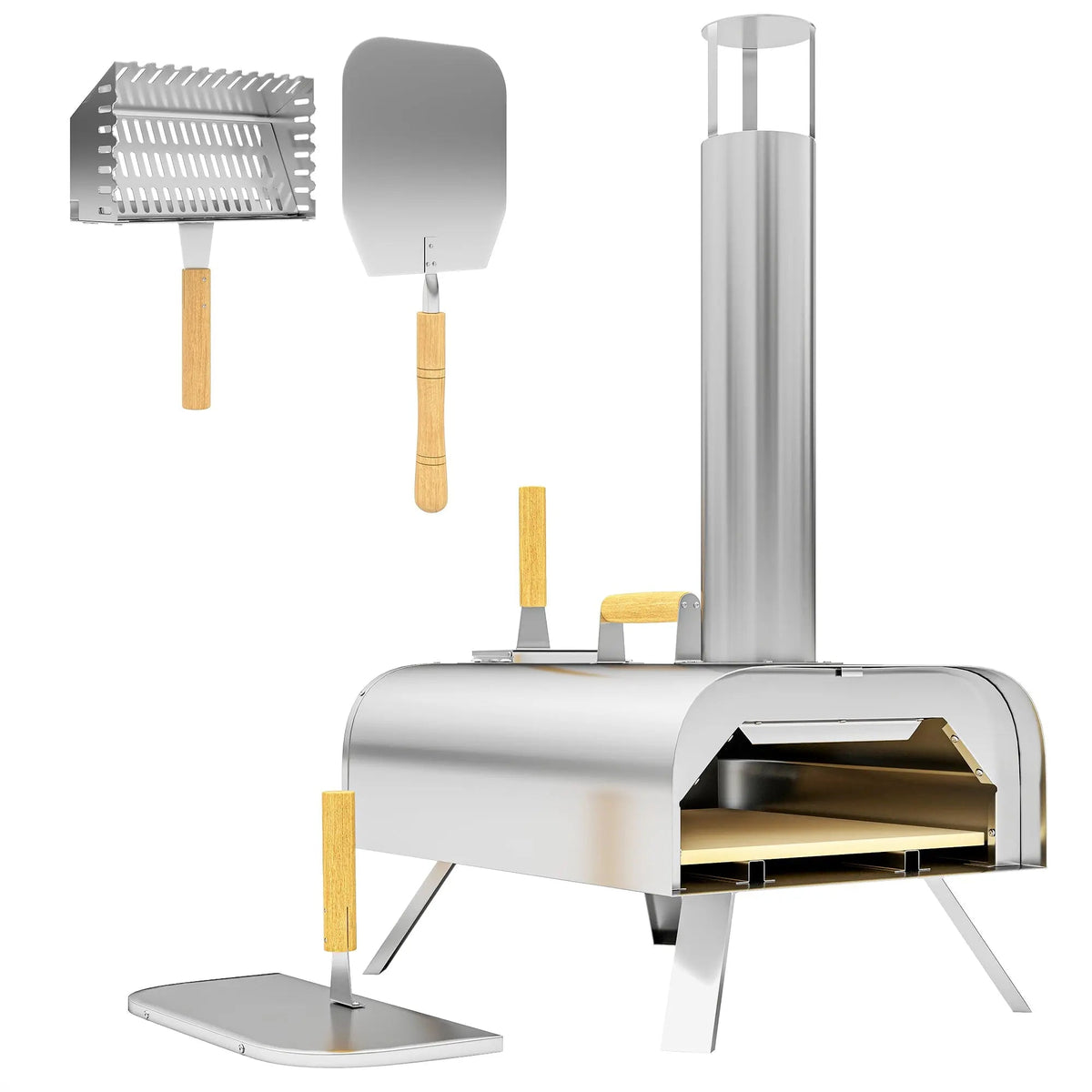 Stainless steel outsunny outdoor pizza oven with pizza stone and wooden handles in a compact size for wood-fired cooking