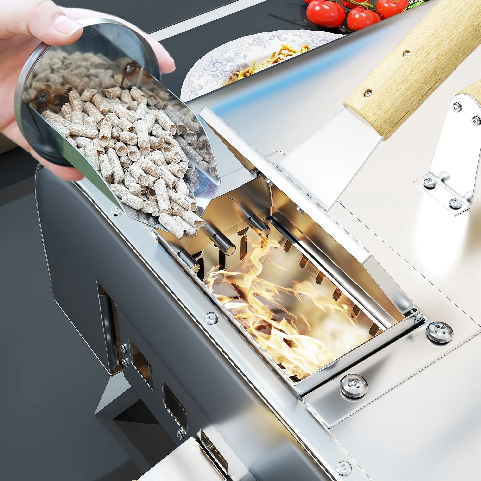 Stainless steel outsunny outdoor pizza oven with visible fire wooden-handled tool and compact size pizza stone