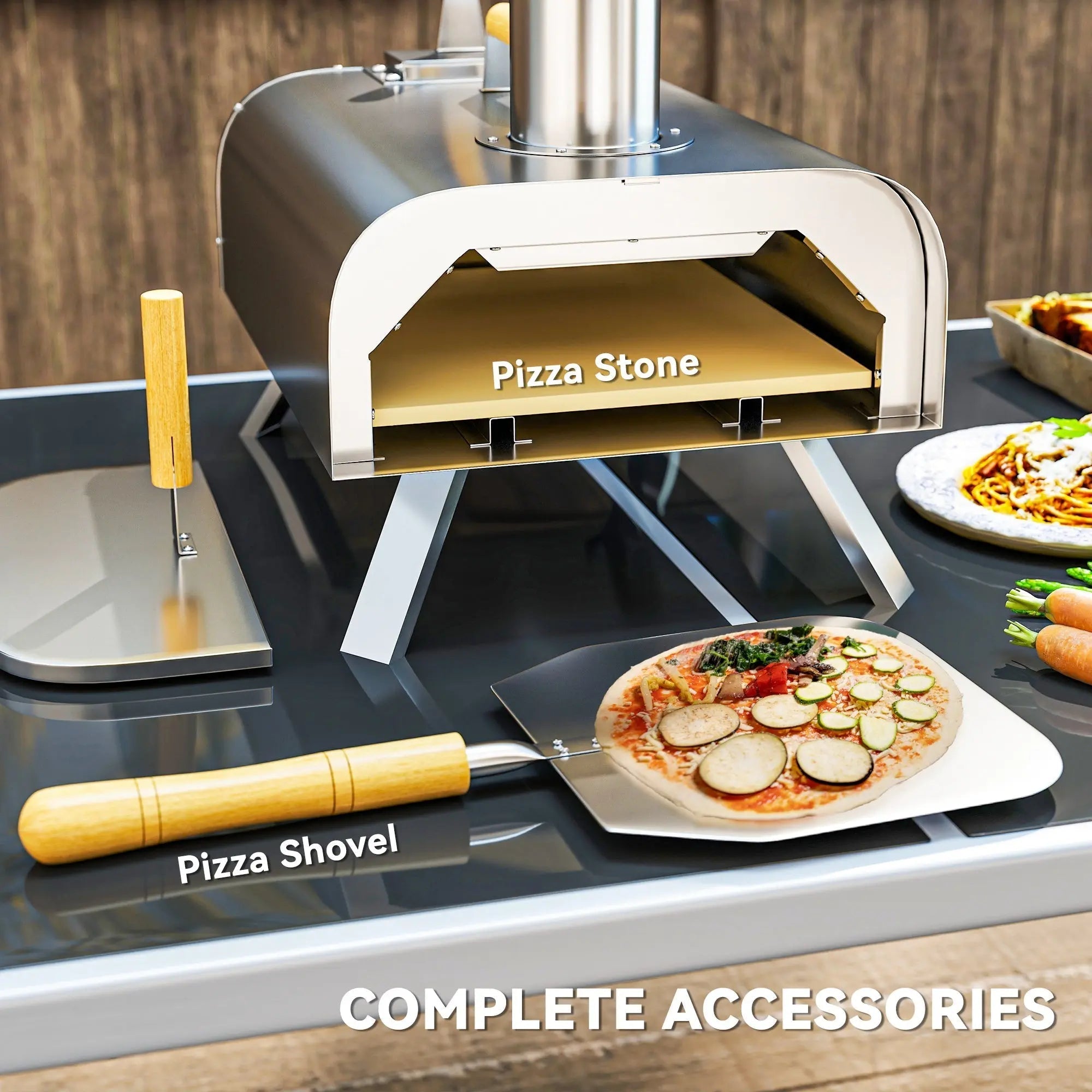 Outsunny stainless steel portable pizza oven with gold-colored pizza stone and wooden-handled tools for outdoor cooking compact size