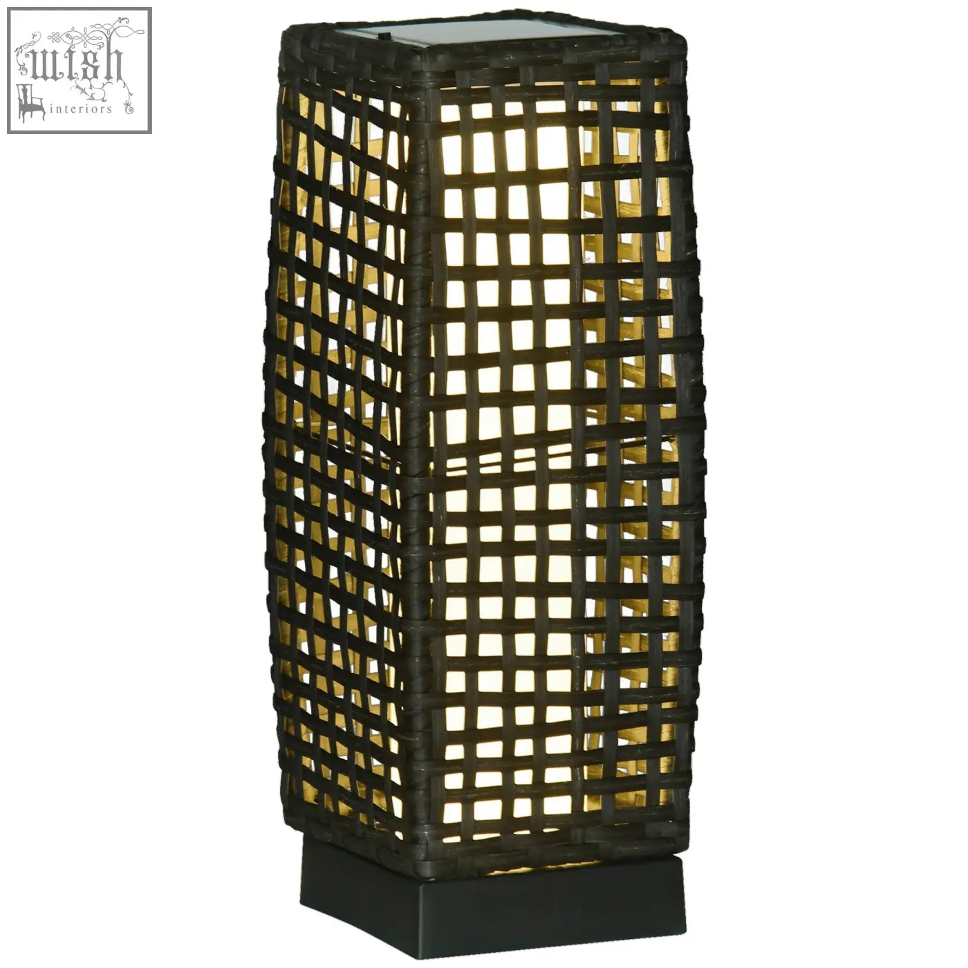 Black woven rattan lamp with solar panel and warm yellow light glows through grid for eight hours outdoor use