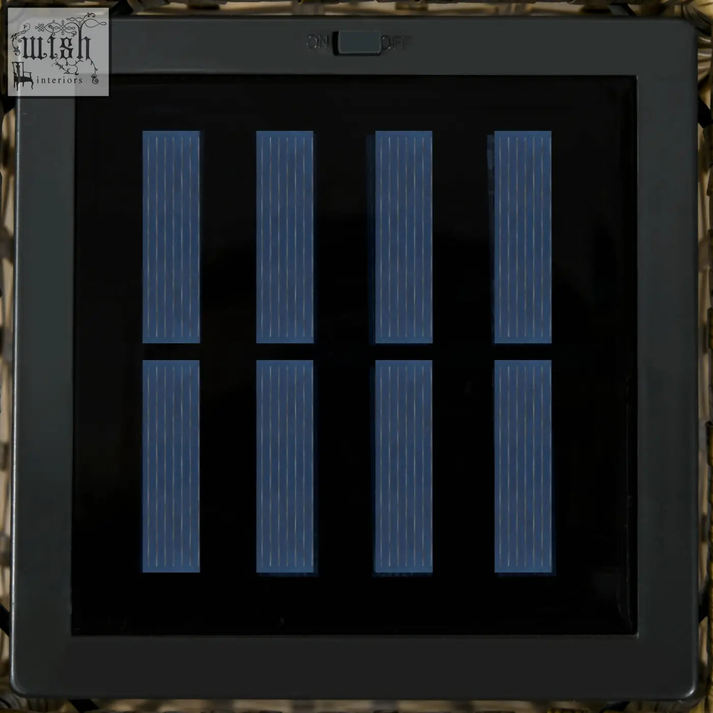 Black square solar panel with eight blue photovoltaic cells for an outsunny grey rattan lamp with eight hours light