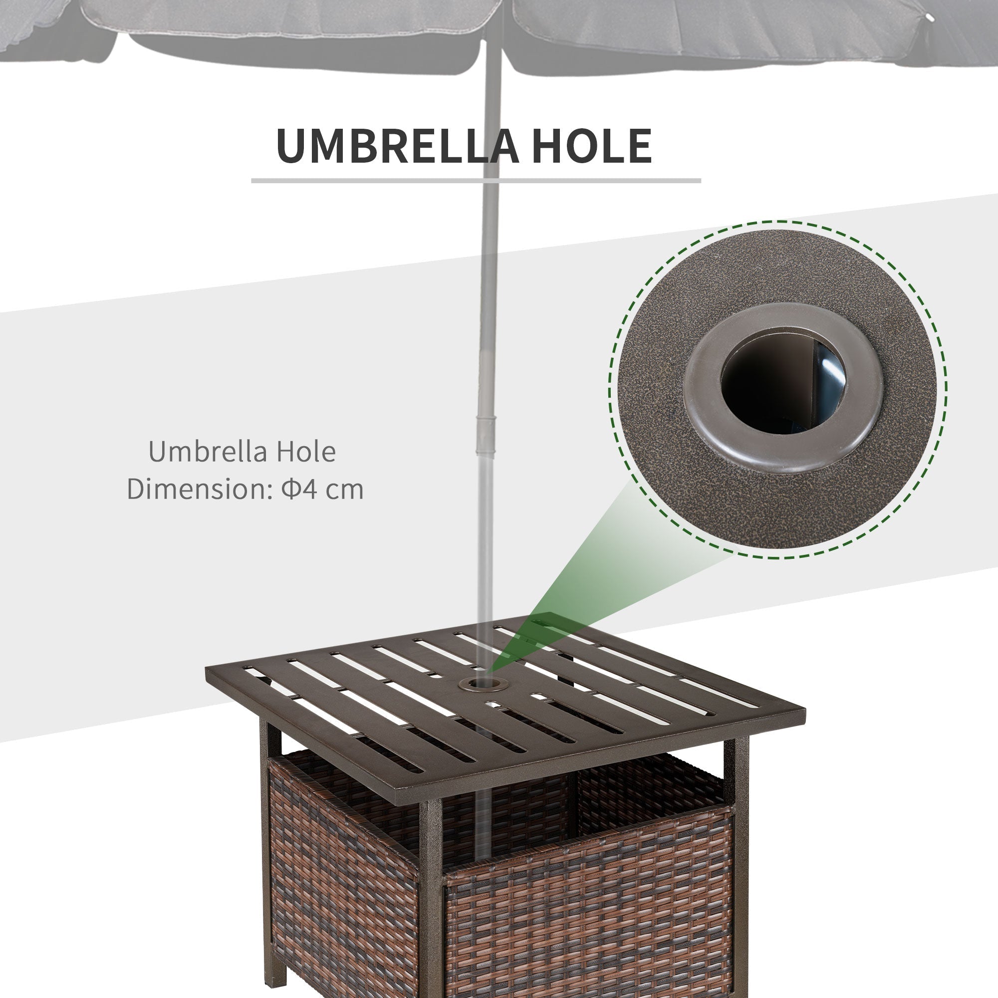 Outsunny brown rattan wicker patio coffee table with umbrella hole, storage box, and powder coated steel frame for outdoor use