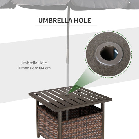 Outsunny brown rattan wicker patio coffee table with umbrella hole, storage box, and powder coated steel frame for outdoor use