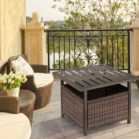 Brown outsunny outdoor rattan wicker patio table with slatted top, umbrella hole, powder coated steel, and storage box