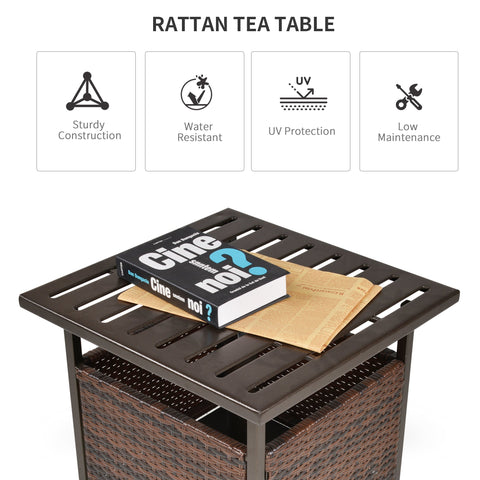 Dark brown woven rattan tea table with slatted top, storage box, and umbrella hole for outdoor garden use