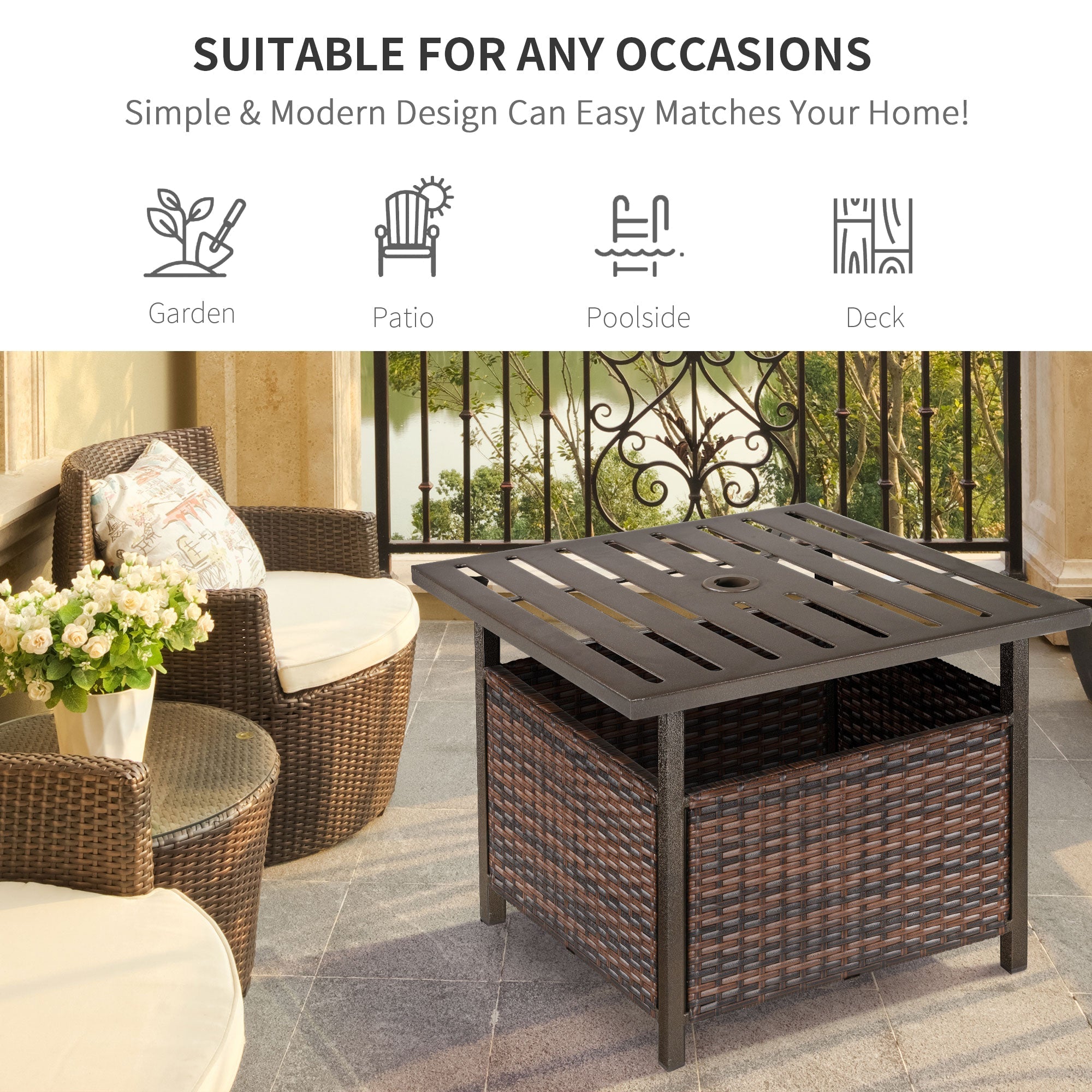 Brown outsunny outdoor rattan wicker patio coffee table with umbrella hole powder coated steel frame and storage box