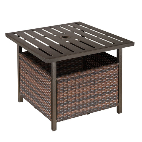 Brown outsunny wicker patio coffee table with umbrella hole and powder coated steel frame for backyard use